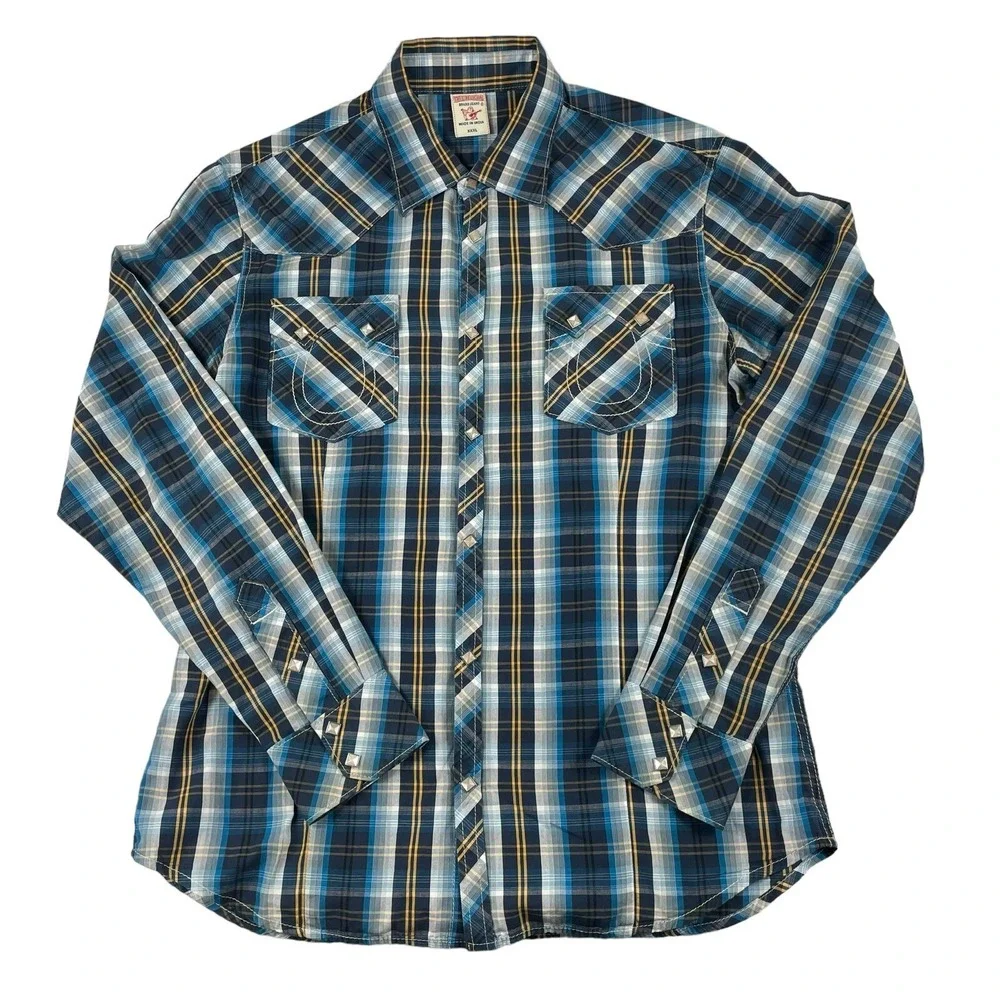 True Religion Blue White Yellow Checked Cotton Sawtooth Square Pearl Snap 3XL